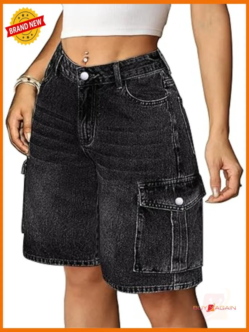 Baggy Bermuda Cargo Jorts Y2K Knee Length Stretchy Denim Shorts 6 Pockets